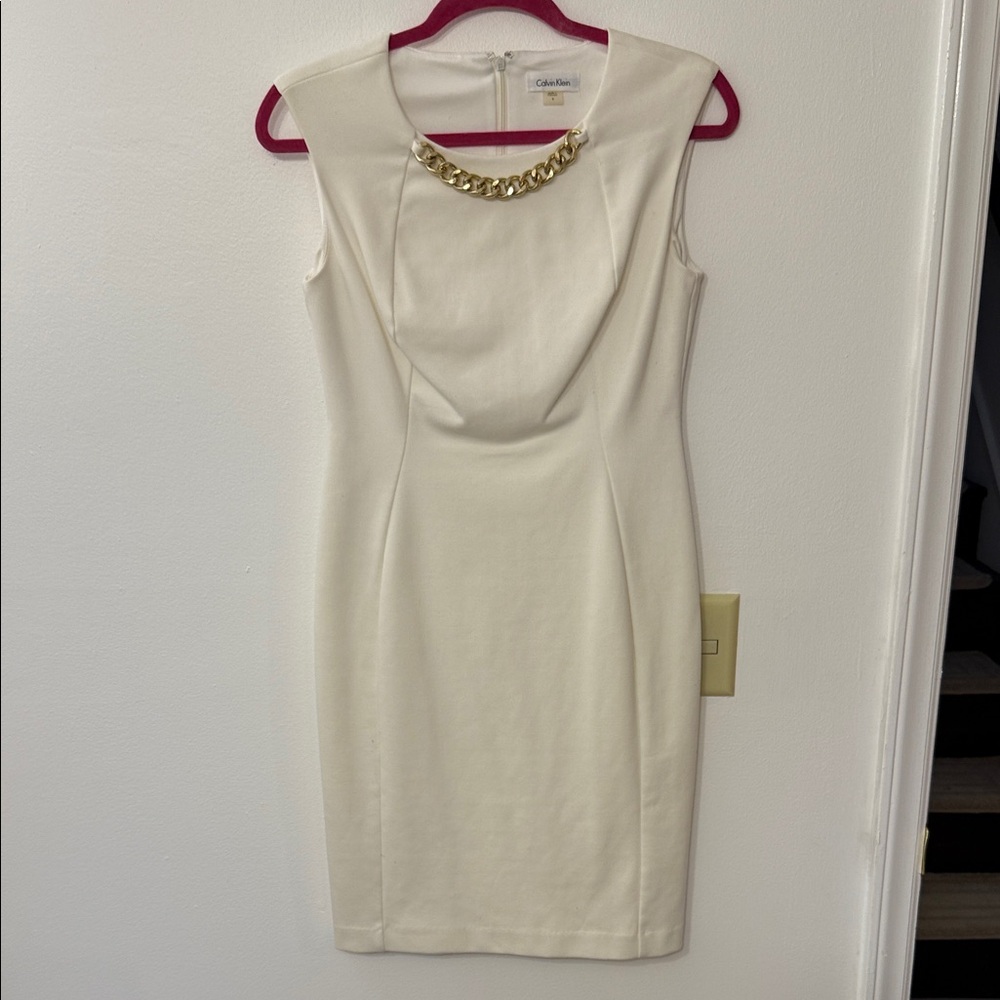 Calvin Klein Cream Dress with Gold Chain Detail